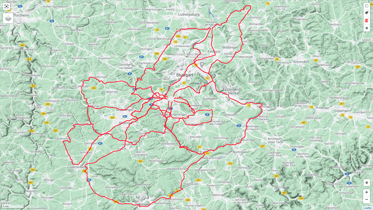 Alle sieben gefahren Strecken auf einer Karte