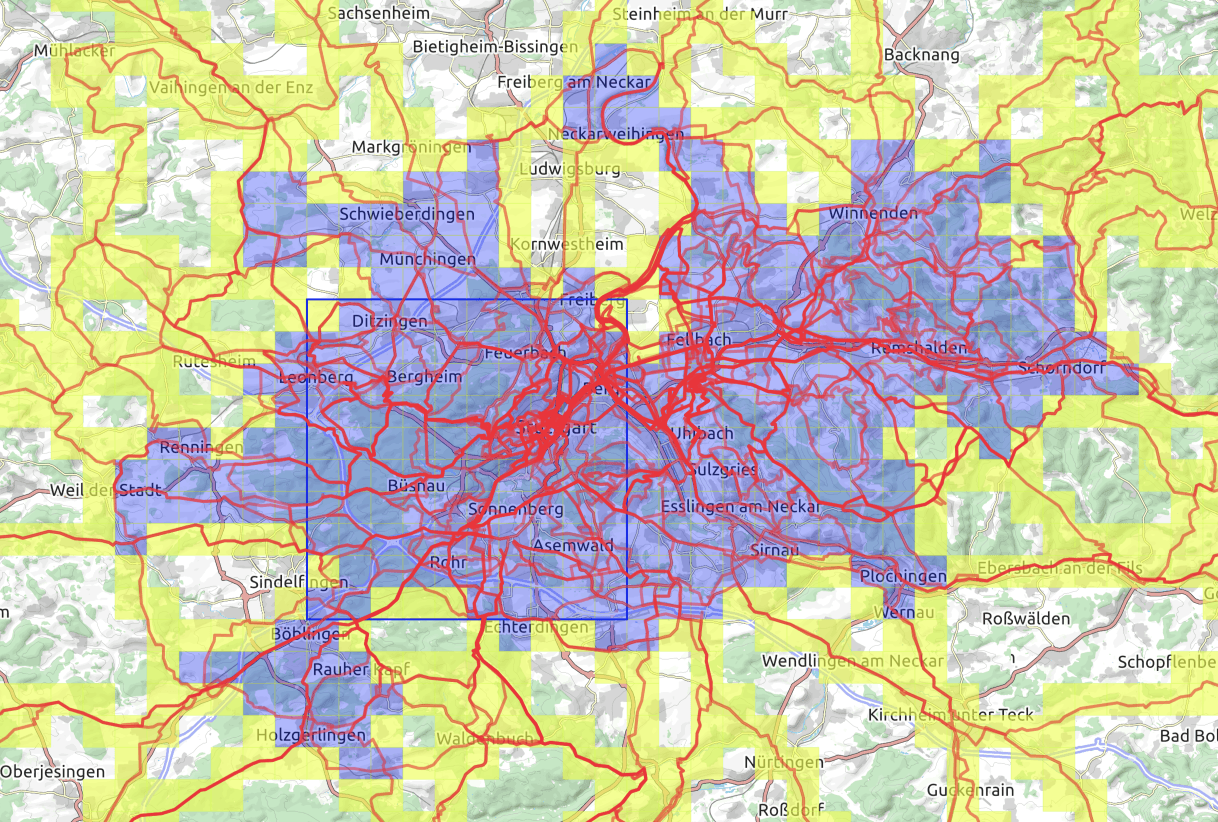 Screenshot Veloviewer Karte mit eingefärbten Kästchen für den Explorer Score