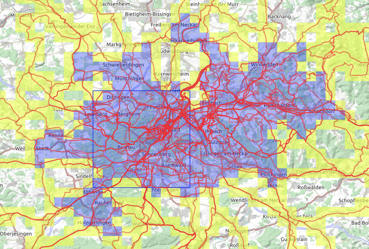 Screenshot Veloviewer Karte mit eingefärbten Kästchen für den Explorer Score